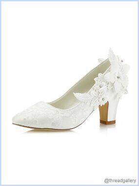 JIAJIA Women's Bridal Chunky Heel Lace Satin Pumps Flower Wedding Shoes